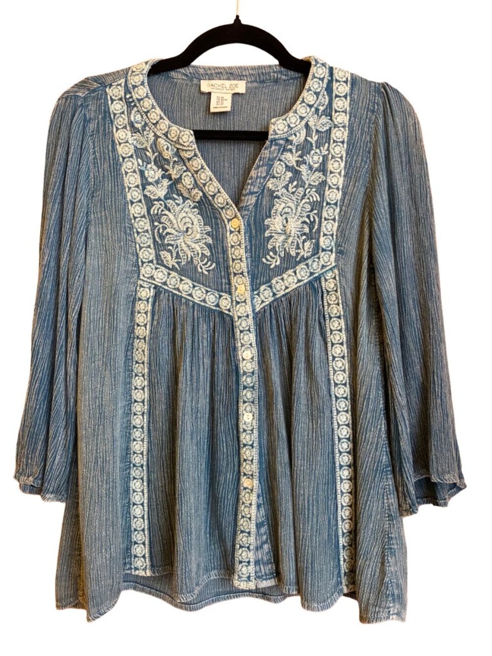 Rachel Zoe Blue Embroidered Tunic Blouse Women's XS Boho Western Coastal Artisan